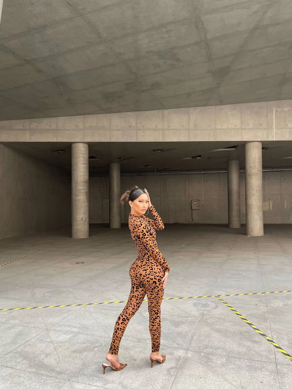 Y2k Hot Girl New Long Sleeve Bodycon Leopard Print Women Jumpsuit Sexy Sheer Mesh Bodysuits Catsuit Party Clubwear