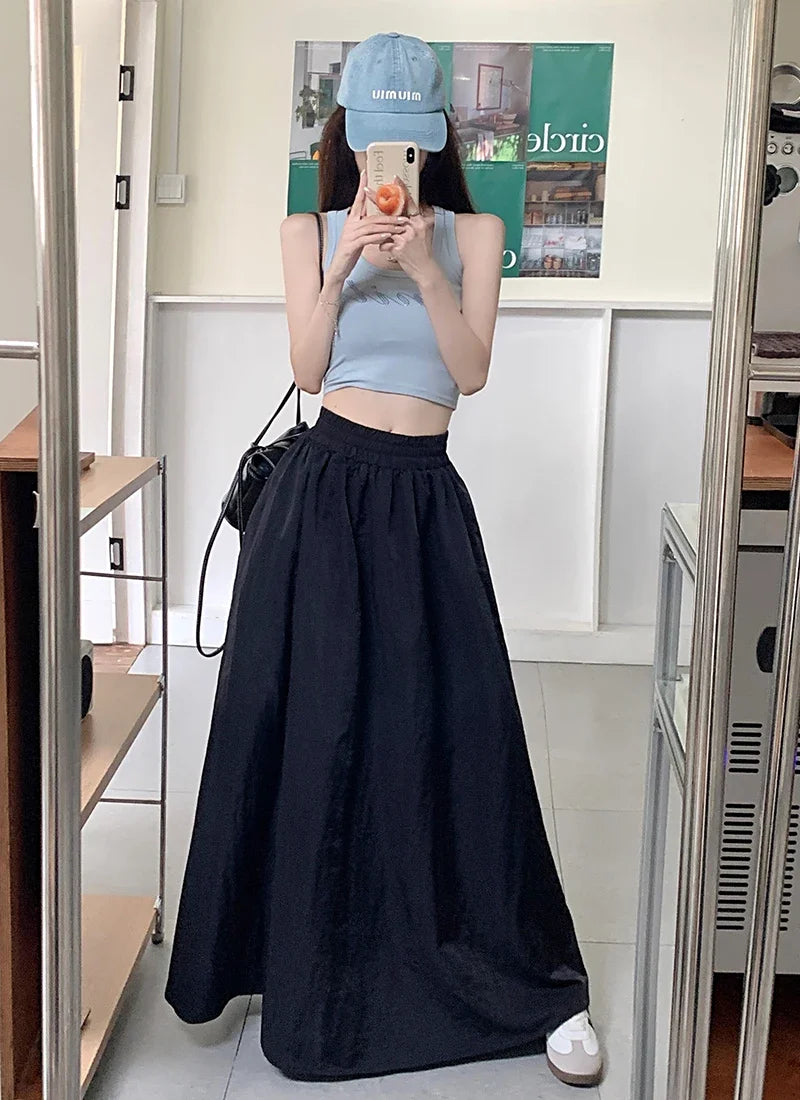 Chic Women Pockets A-Line Long Skirts Ladies Casual Loose Elastic High Waist Midi Skirt 2024 Spring Summer