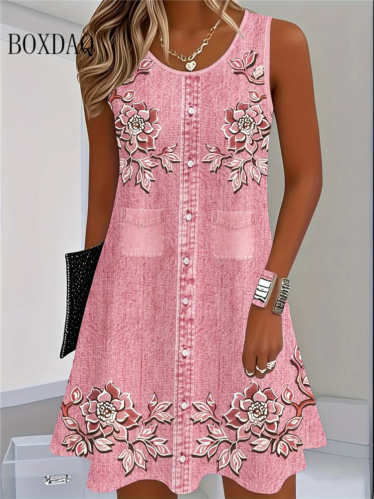 Women's Floral Bohemian Sleeveless Mini Dress – Casual Beach Tank Dress