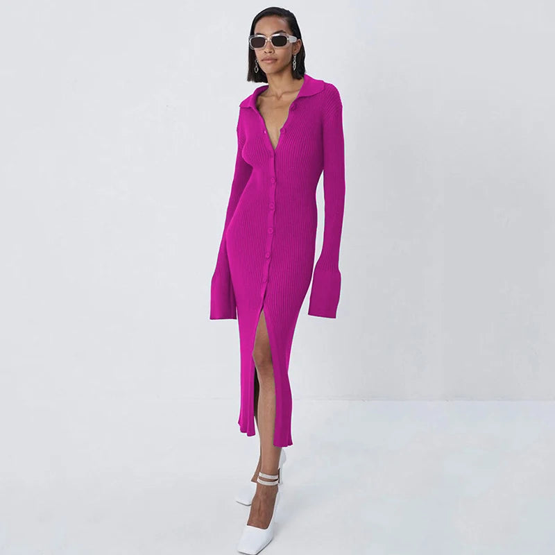 Flare Sleeve Knitted Dress Women Y2K Autumn Winter Sexy Slim Green Midi Dress American Single Breasted Streetwear Club Vestidos