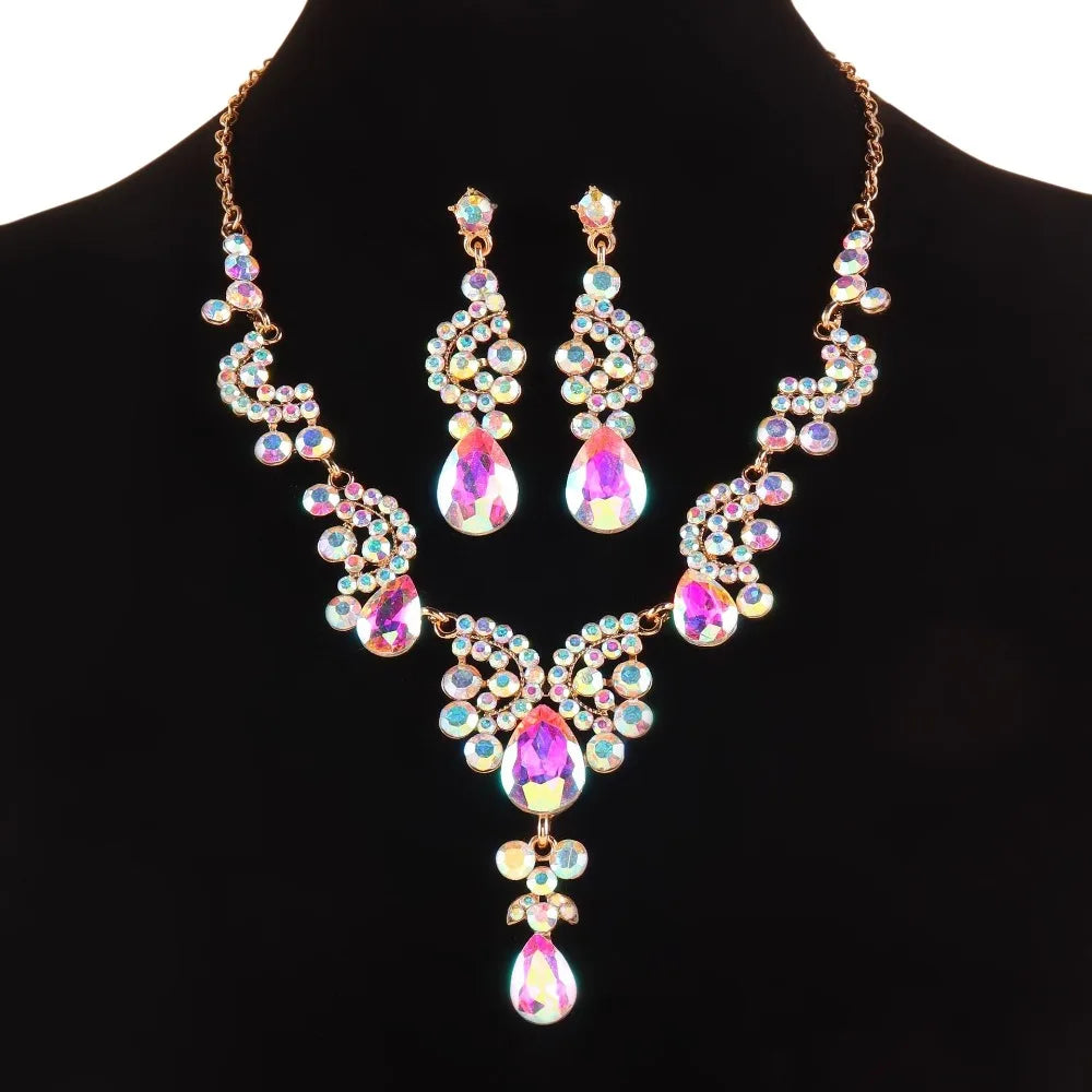 Luxury Rhinestone Jewelry Set Elegant Shiny Necklace Earrings Set Adjustable Waterdrop Pendant Wedding Bridal Accessories