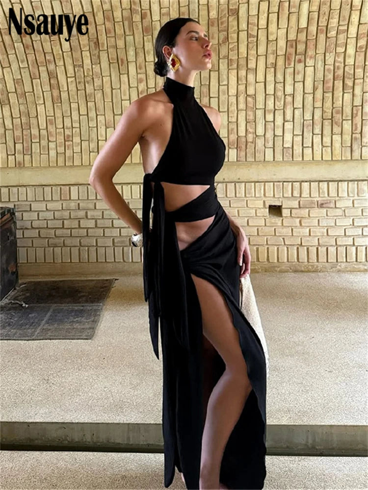 Nsauye Hollow Out Sexy Women Maxi Dress Black Sleeveless High Split Female Summer Autumn Skinny Elegant Long Dresses Party Club