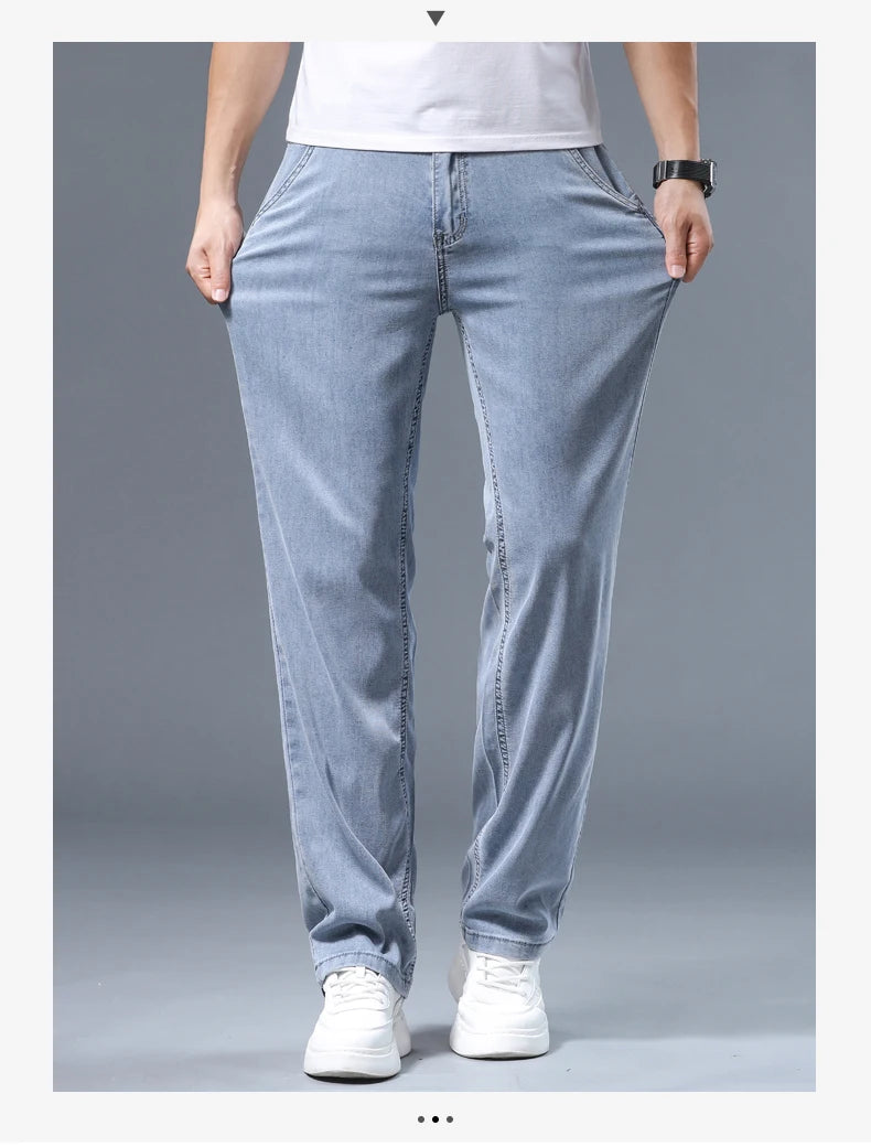 Summer Ultra-thin Men's Jeans Lyocell Soft Breathable Loose Straight Light Blue Denim Pants Business Casual Ice Silk Trousers
