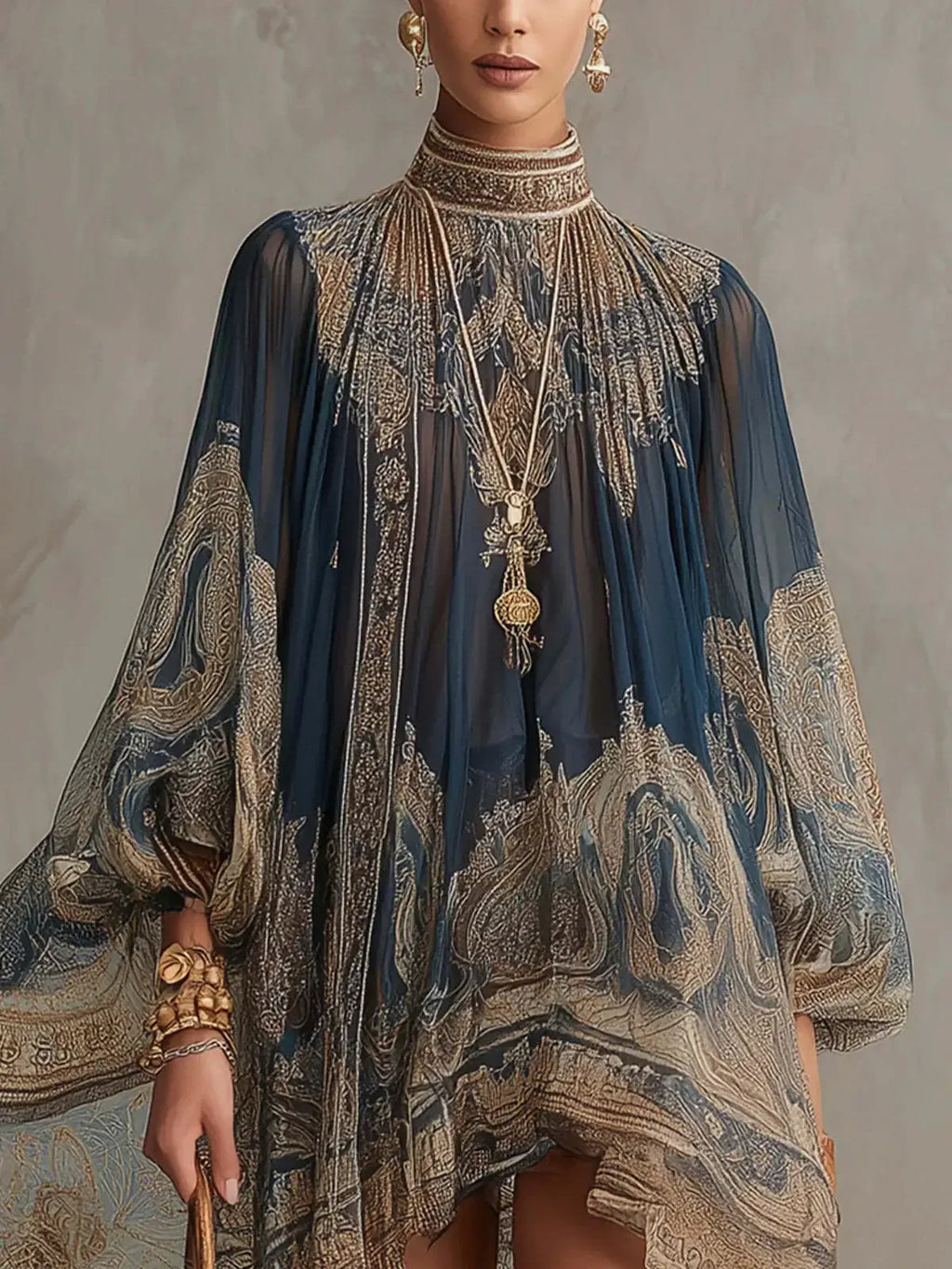 2026 hot  European and American turtleneck printed chiffon dress loose vacation style shawl long-sleeved women's dress