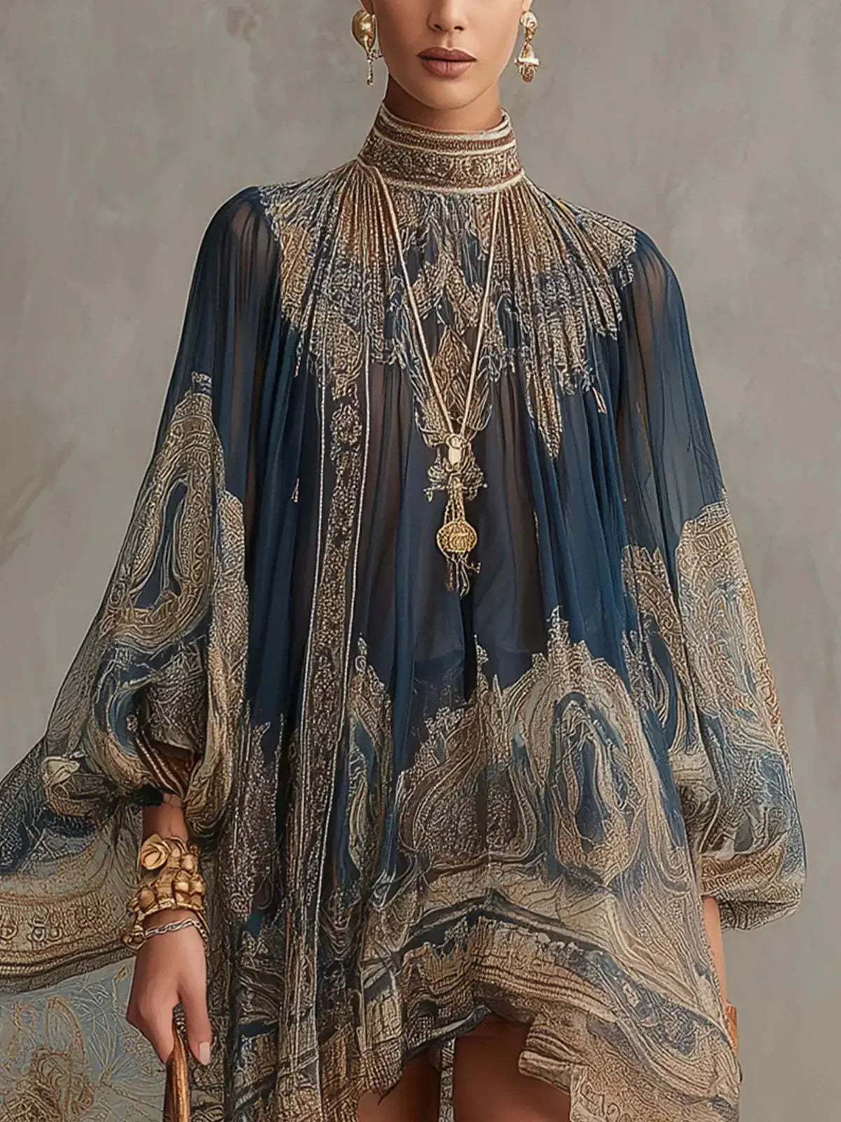 2026 hot  European and American turtleneck printed chiffon dress loose vacation style shawl long-sleeved women's dress