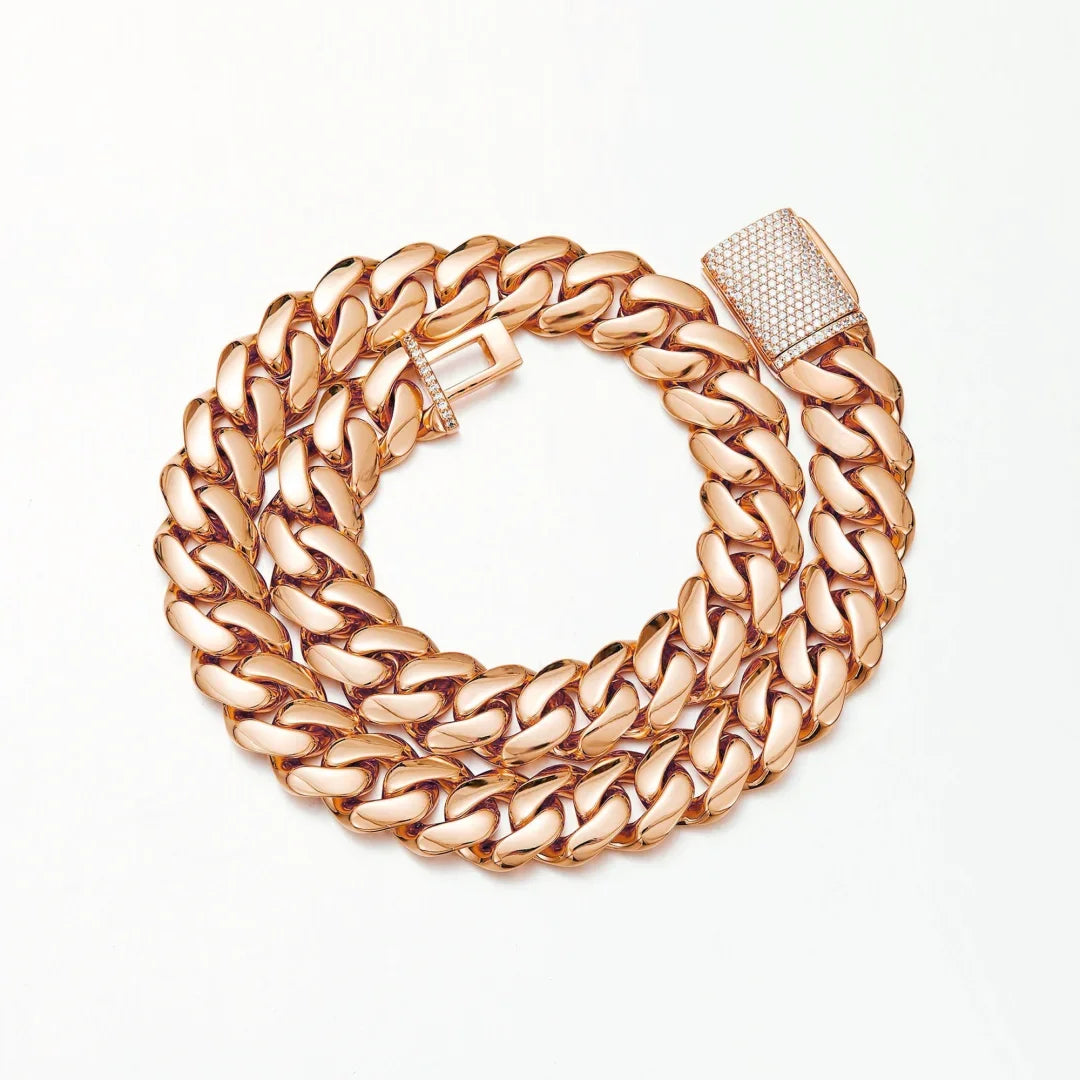 8-22mm Rose Gold  316L Stainless Steel  Cuban Miami Link Chain Iced Out CZ Box Clasp Necklace Fashion Hip Hop Unisex Jewelry
