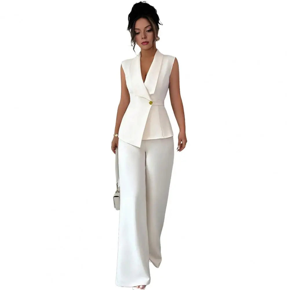 Women's Sleeveless Blazer Vest & Wide Leg Pants 2-Piece Suit Set