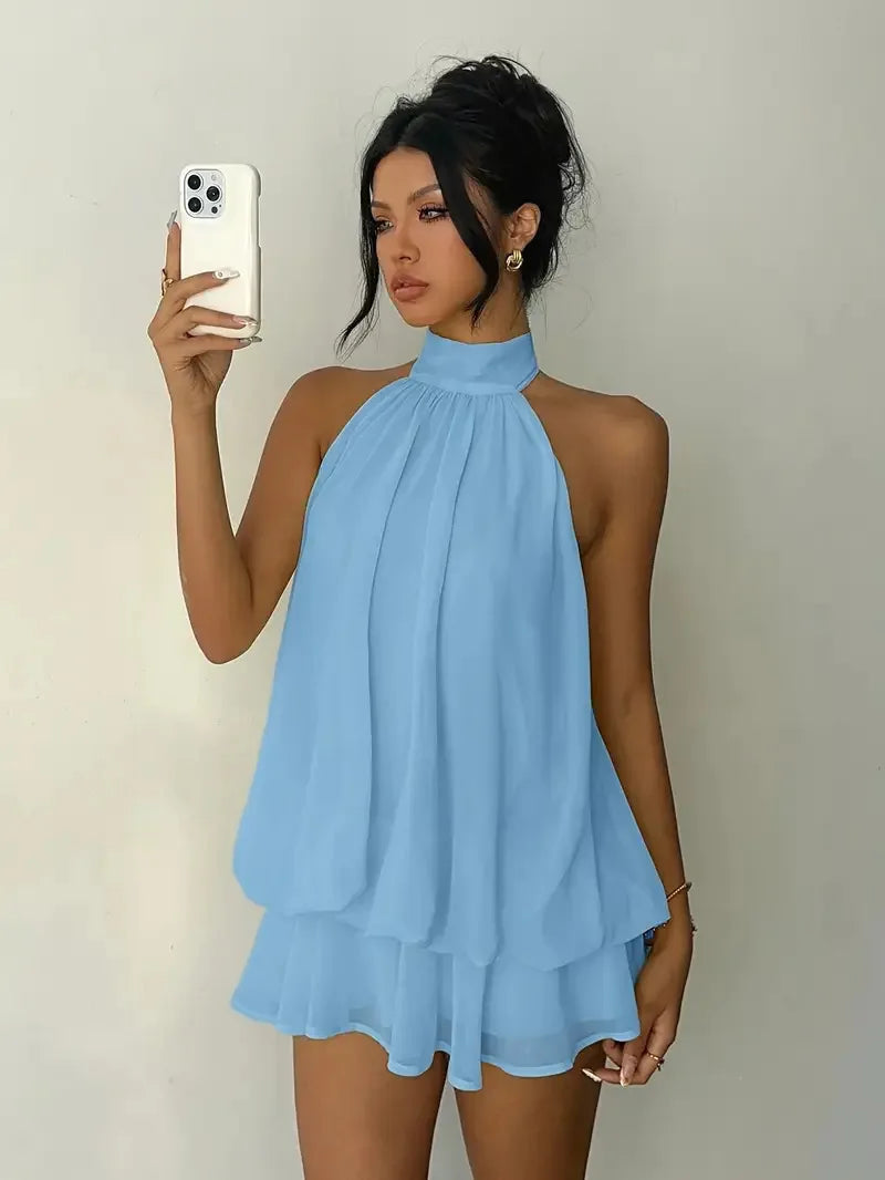 Women's Sleeveless Backless A-Line Mini Dress – Elegant Halter Party Dress