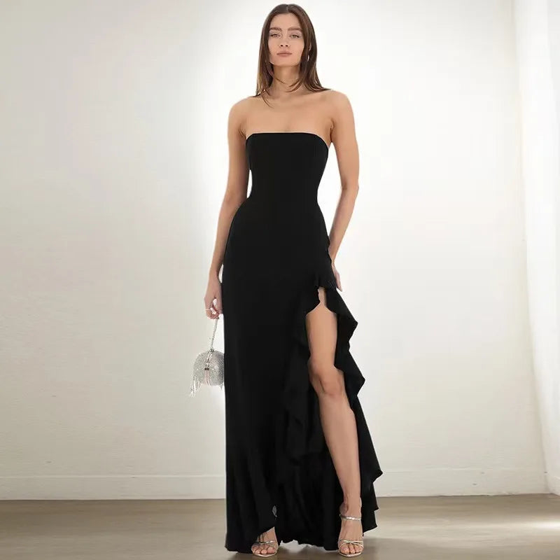 Wine Strapless Ruffle-Slit Maxi Dress — Sleeveless Evening Gown
