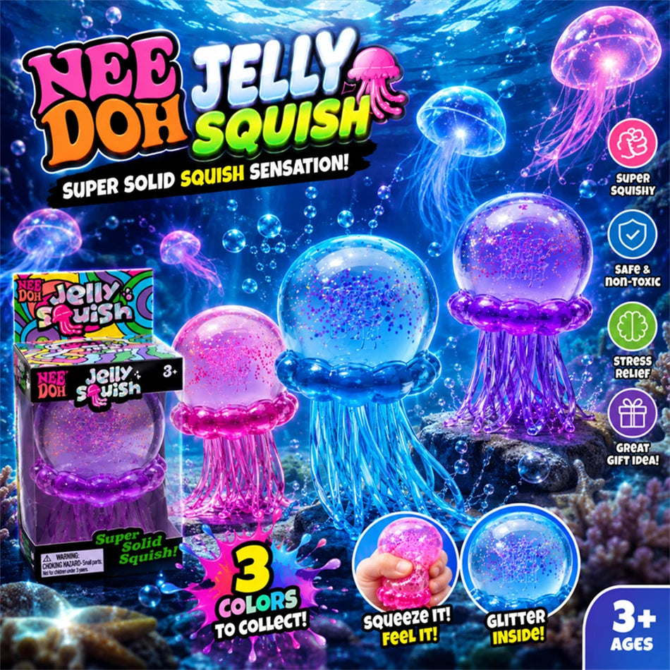 Trending Nee Doh Jellyfish & Cube Squish Toy, Soft Jelly Squeeze Stress Relief Fidget Toy, Sensory NeeDoh for Kids & Adults New