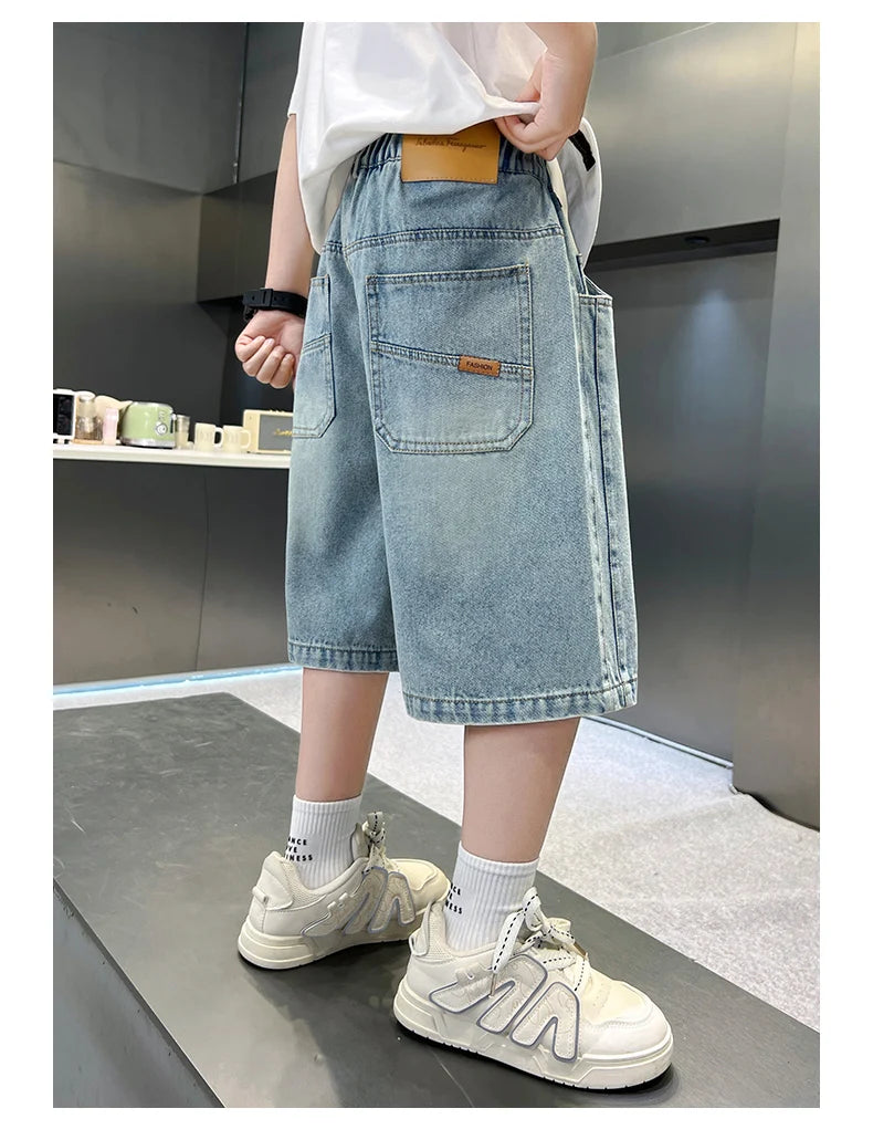 Boys Denim Shorts Teen Boys Casual Knee-Length Jeans Teenage Child Blue Denim With Y2K Fashion Style Trousers Toddler Ages 4-14Y