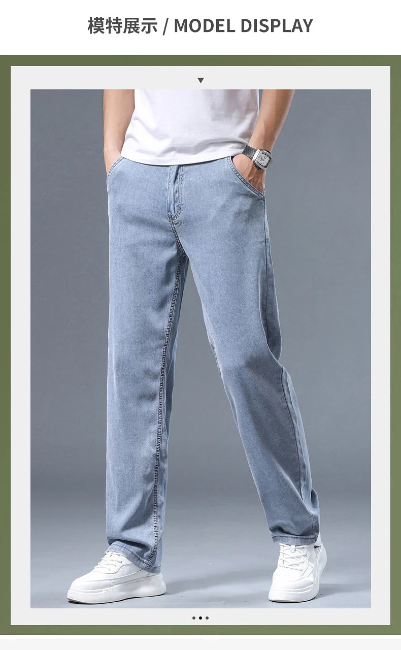 Summer Ultra-thin Men's Jeans Lyocell Soft Breathable Loose Straight Light Blue Denim Pants Business Casual Ice Silk Trousers