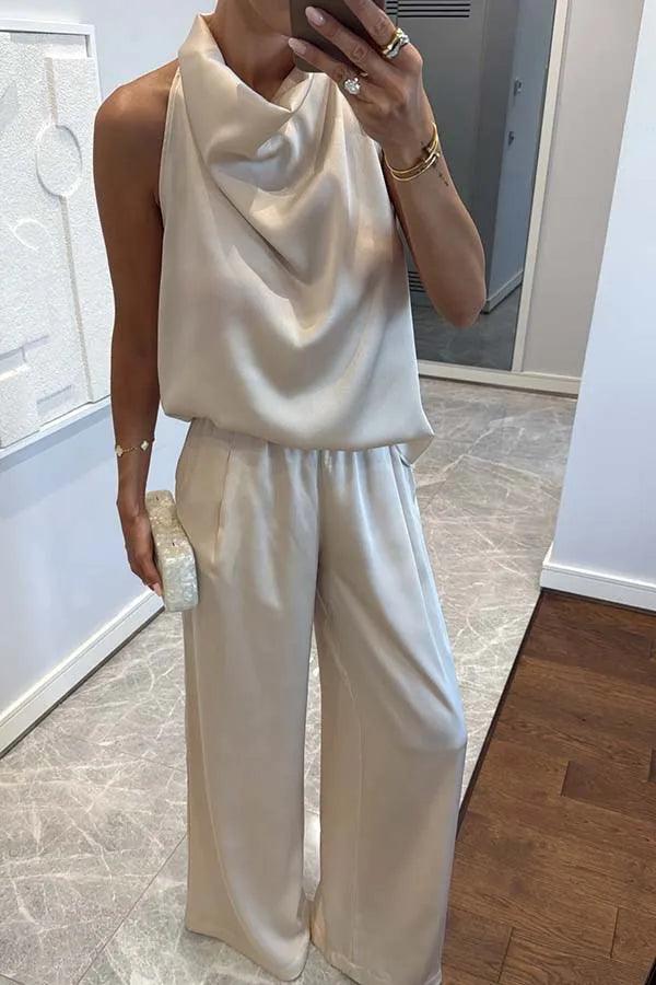 Women's Sleeveless Satin Top & Straight Pants 2-Piece Set – Chic Commuter Suit