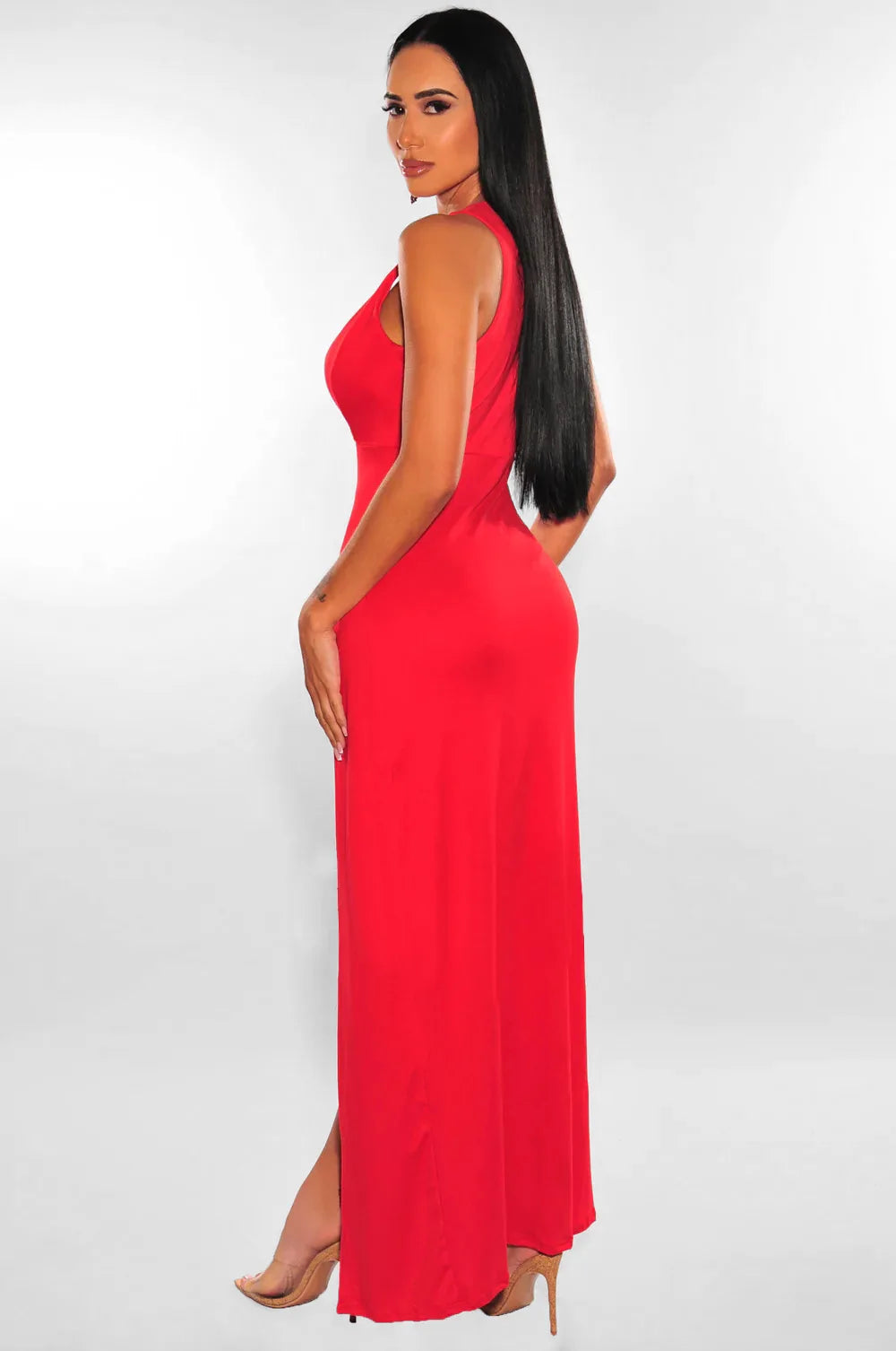 Sleeveless V-Neck Midi Dress – Slim-Fit A-Line Silhouette