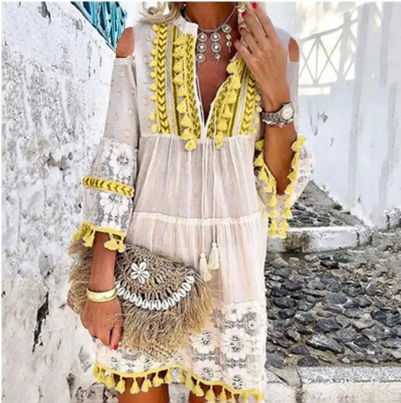 MLSJSHIQI Lace V-Neck Tassel Mini Dress — White Casual Elegant | Medium Stretch | Spring Summer
