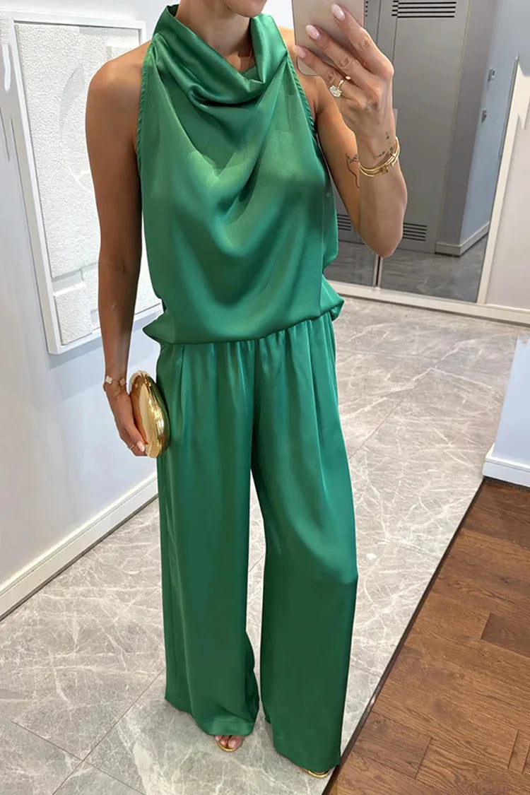 Women's Sleeveless Satin Top & Straight Pants 2-Piece Set – Chic Commuter Suit