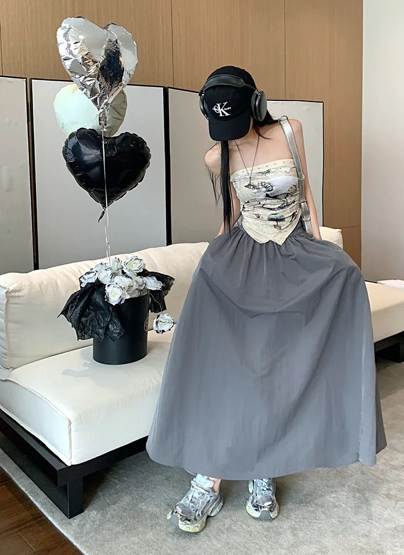 Chic Women Pockets A-Line Long Skirts Ladies Casual Loose Elastic High Waist Midi Skirt 2024 Spring Summer
