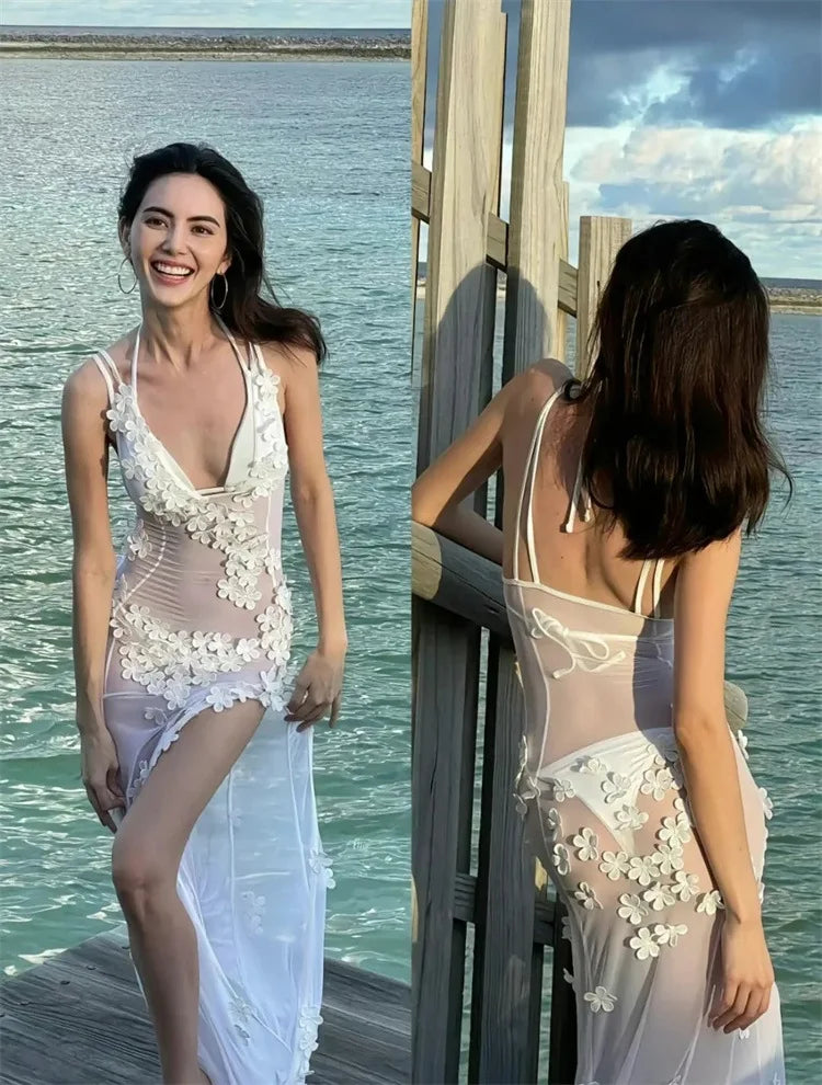 3D Flowers See Through Mesh Split Bodycon Maxi Party Dress Women Sexy V-neck Spaghetti Straps Backless Holiday Bikini Cover Ups