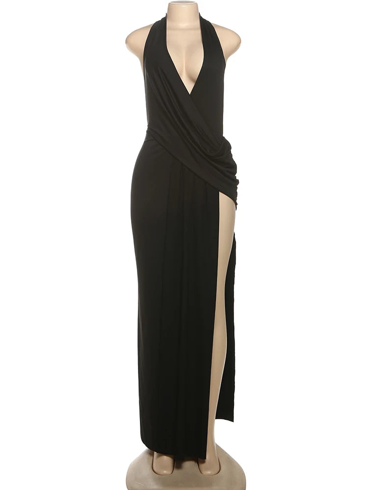 Halter Deep V Ruched High-Split Maxi Dress