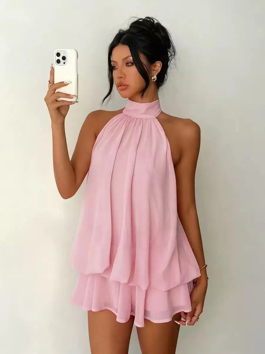 Women's Sleeveless Backless A-Line Mini Dress – Elegant Halter Party Dress