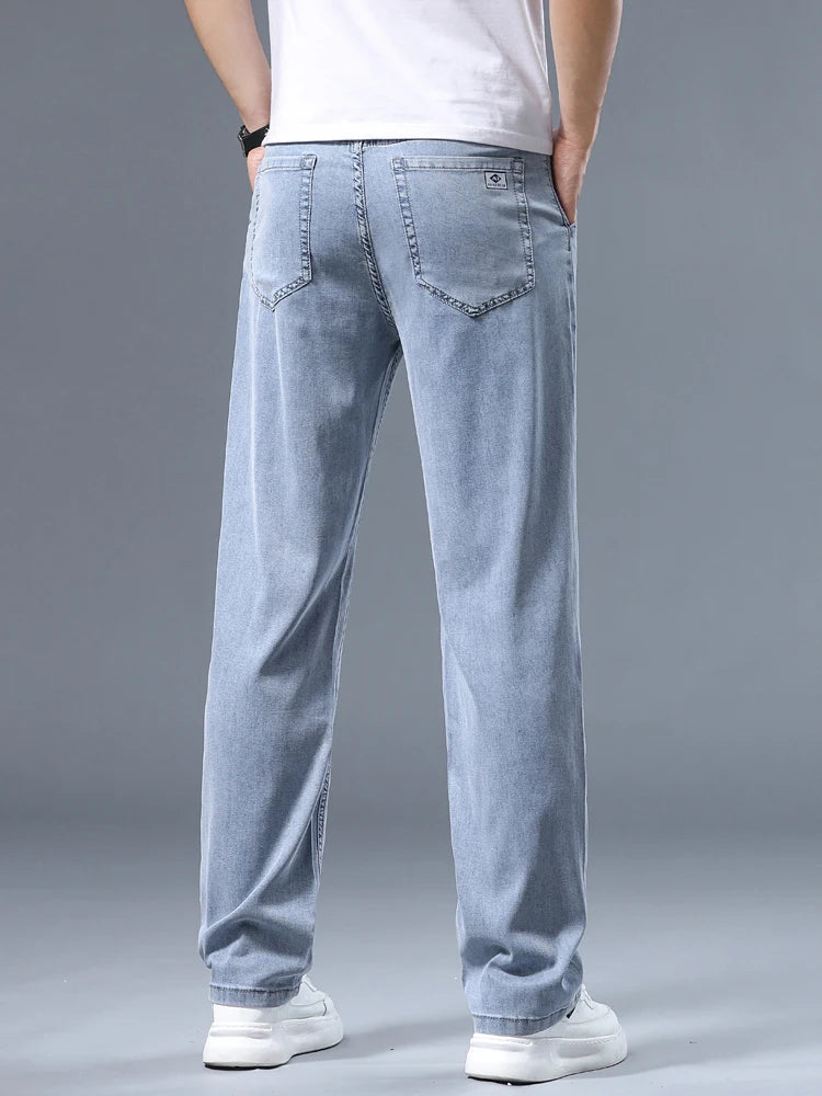 Summer Ultra-thin Men's Jeans Lyocell Soft Breathable Loose Straight Light Blue Denim Pants Business Casual Ice Silk Trousers