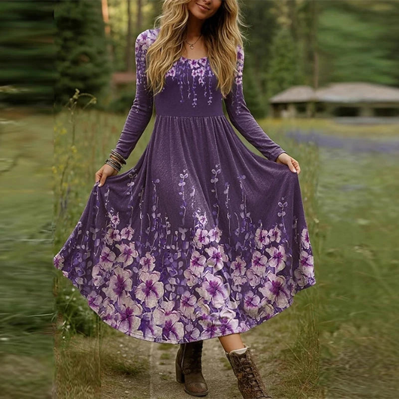 BISHAN Plus Size Boho Floral Print Maxi Dress — O-Neck Long Sleeve A-Line | Party Spring Autumn | 0XL–5XL