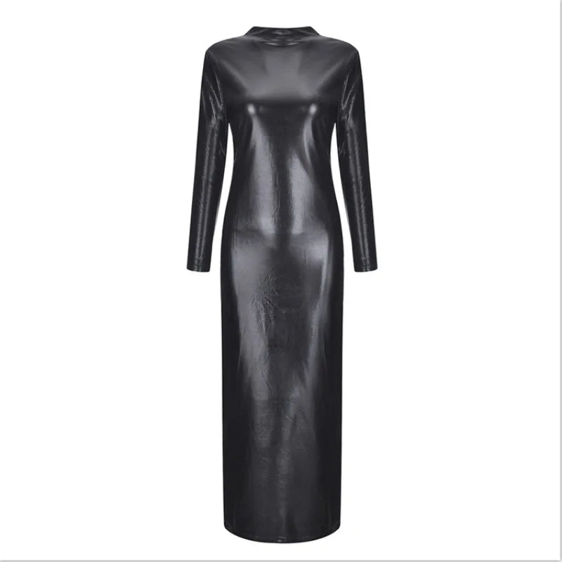 Sexy High Neck Long Sleeve Bodycon Long Pencil Dress Women Shiny PU Leather Back Hollow Out Fetish Wetlook Slim Fit Dresses