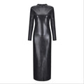Sexy High Neck Long Sleeve Bodycon Long Pencil Dress Women Shiny PU Leather Back Hollow Out Fetish Wetlook Slim Fit Dresses
