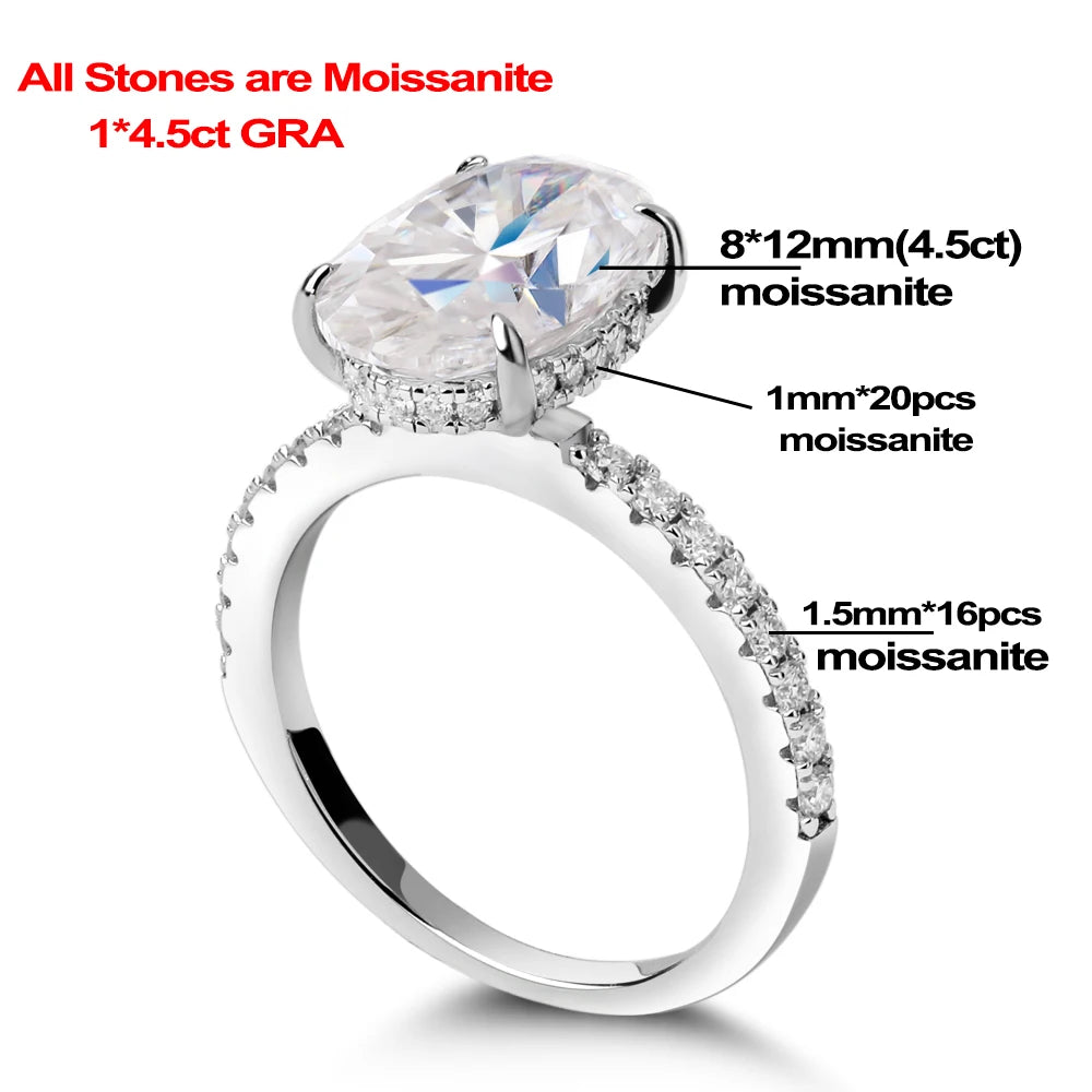 4.5CT Oval Cut Full Moissanite Rings for Women Sparkling Diamond S925 Sterling Silver Plated 18K Wedding Band Jewelry With GRA