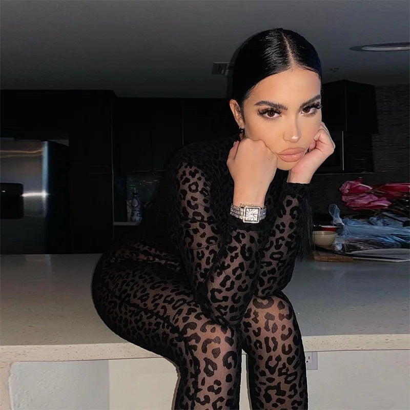 Y2k Hot Girl New Long Sleeve Bodycon Leopard Print Women Jumpsuit Sexy Sheer Mesh Bodysuits Catsuit Party Clubwear
