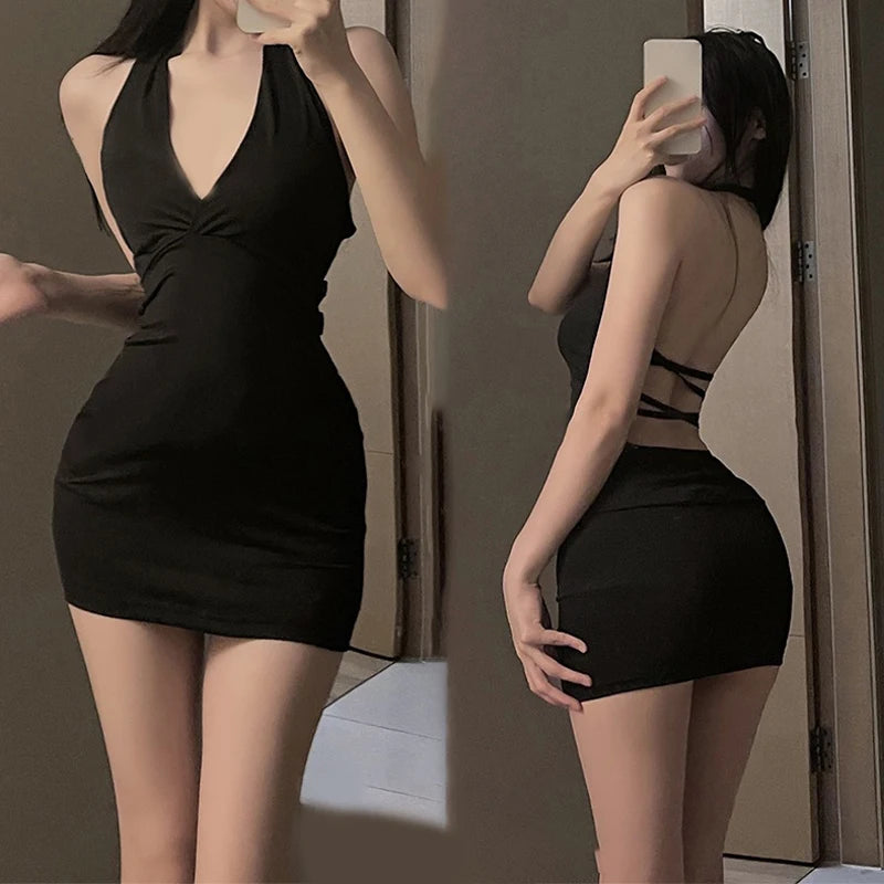 V-Neck Backless Halter Mini Dress
