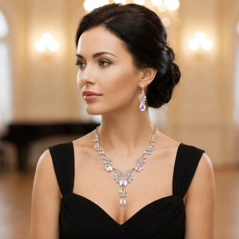 Luxury Rhinestone Jewelry Set Elegant Shiny Necklace Earrings Set Adjustable Waterdrop Pendant Wedding Bridal Accessories