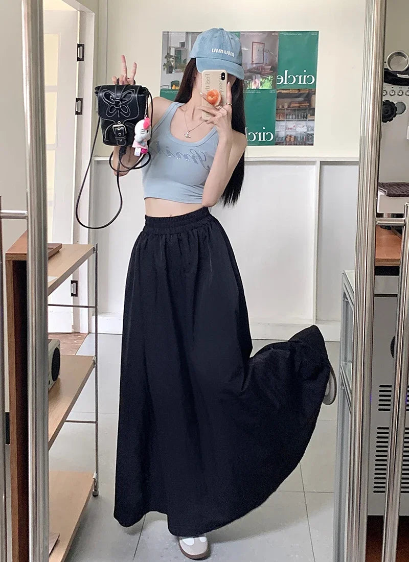 Chic Women Pockets A-Line Long Skirts Ladies Casual Loose Elastic High Waist Midi Skirt 2024 Spring Summer