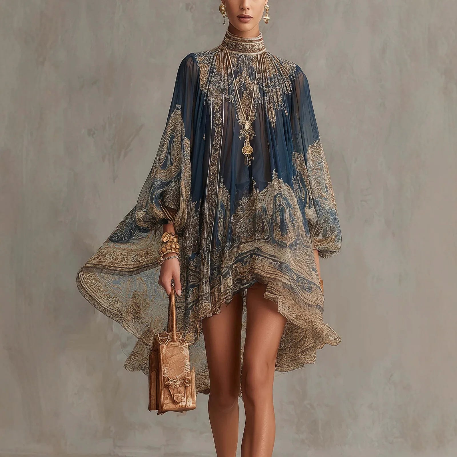 2026 hot  European and American turtleneck printed chiffon dress loose vacation style shawl long-sleeved women's dress