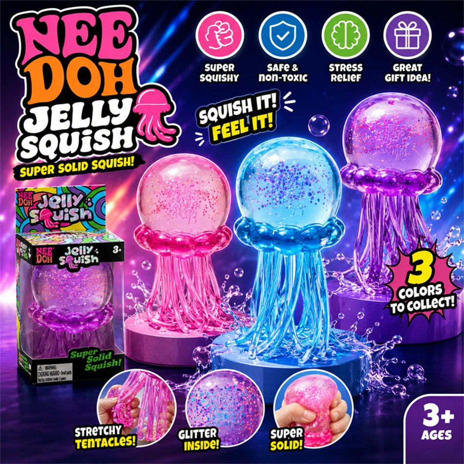 Trending Nee Doh Jellyfish & Cube Squish Toy, Soft Jelly Squeeze Stress Relief Fidget Toy, Sensory NeeDoh for Kids & Adults New