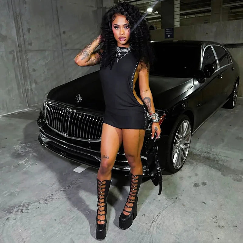 Side Hollow Design Mini Dress Woman o-Neck Sleeveless Metal Rings Decoration Skinny Peach Hip Midnight Club Party Bodycon Robe