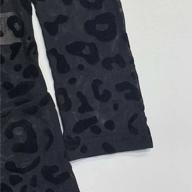 Y2k Hot Girl New Long Sleeve Bodycon Leopard Print Women Jumpsuit Sexy Sheer Mesh Bodysuits Catsuit Party Clubwear