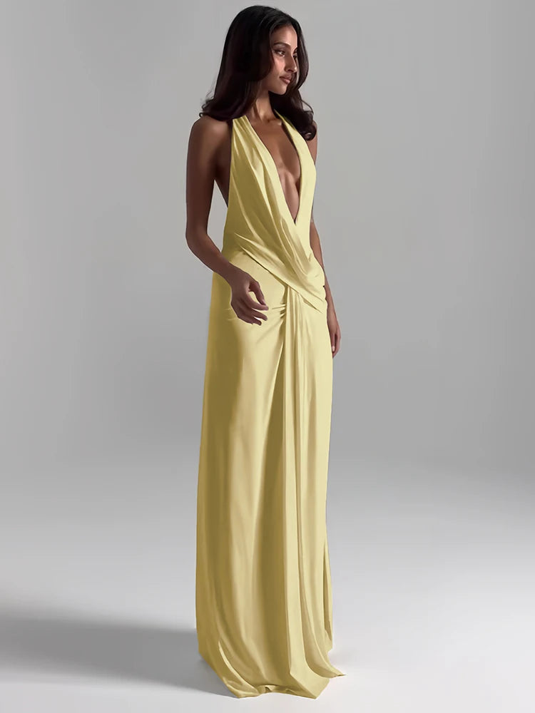 Halter Deep V Ruched High-Split Maxi Dress