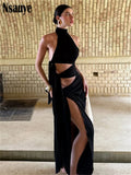 Nsauye Hollow Out Sexy Women Maxi Dress Black Sleeveless High Split Female Summer Autumn Skinny Elegant Long Dresses Party Club