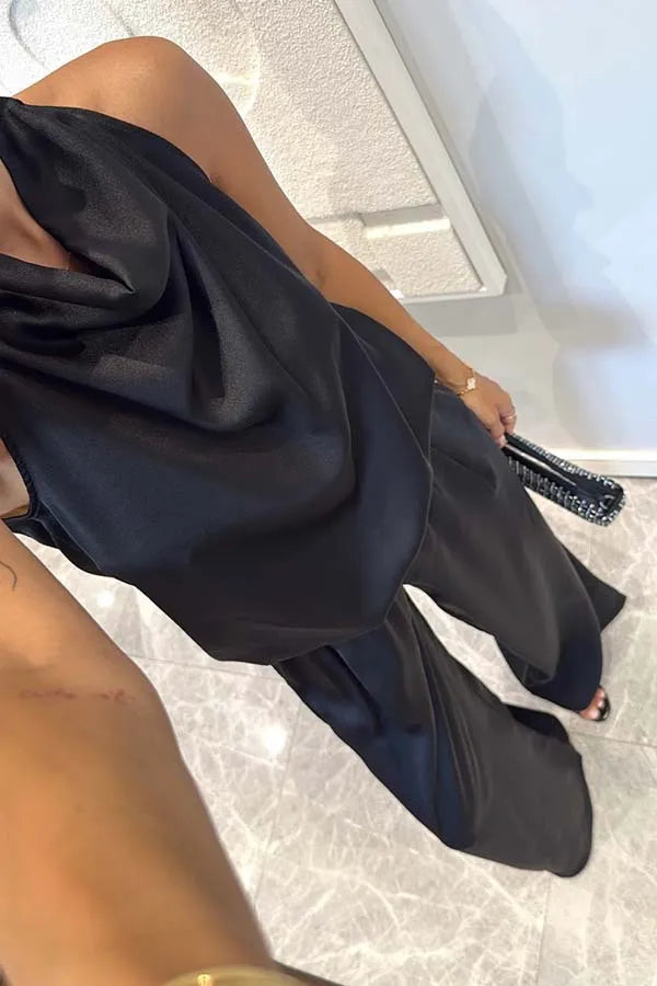 Women's Sleeveless Satin Top & Straight Pants 2-Piece Set – Chic Commuter Suit