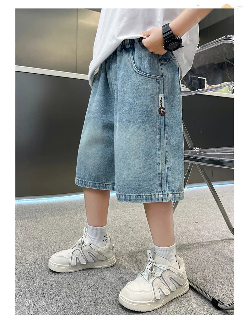 Boys Denim Shorts Teen Boys Casual Knee-Length Jeans Teenage Child Blue Denim With Y2K Fashion Style Trousers Toddler Ages 4-14Y