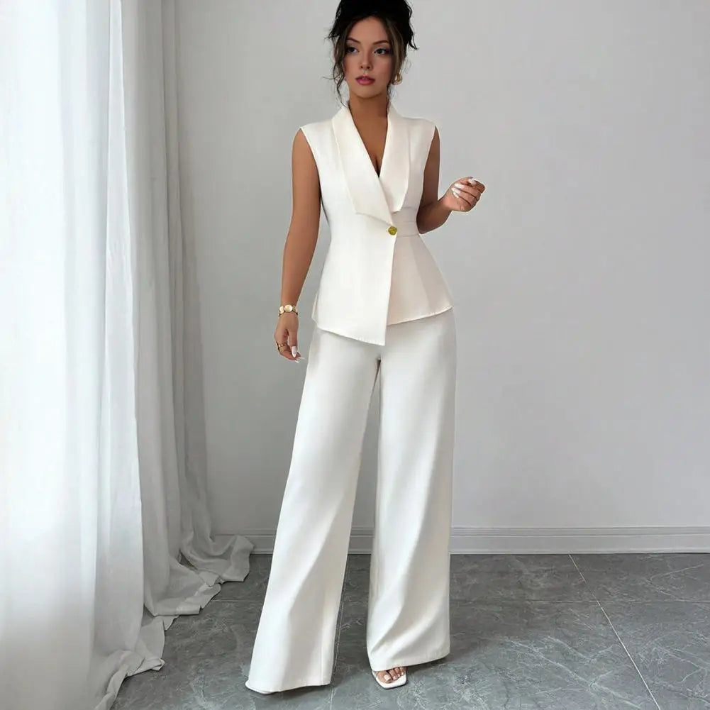 Women's Sleeveless Blazer Vest & Wide Leg Pants 2-Piece Suit Set