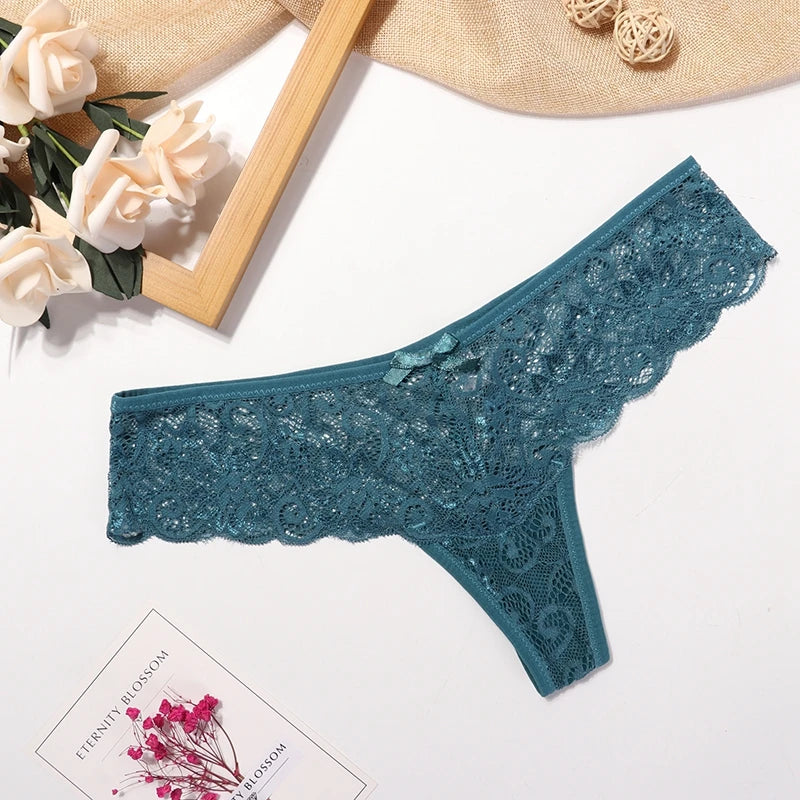Women's Lace Thong Panties Brazilian Cut Low Waist Sexy See Through Lingerie Hollow Out Comfortable Elastic Underwear