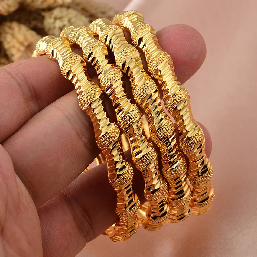 New 24K 4Pcs/lot Dubai Gold Color  Bangles  For Women Girls Bead Festival Good Luck Ethiopian Wedding Bangles Bracelet Jewelry