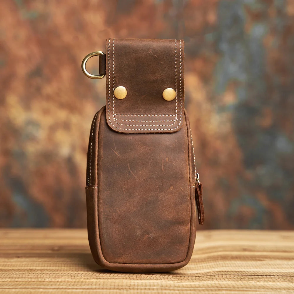 NASVA Genuine Leather Men's Waist Bag Multifunctional Mobile Phone Bag Wearable Belt Waist Bag with Key Hanging Buckle