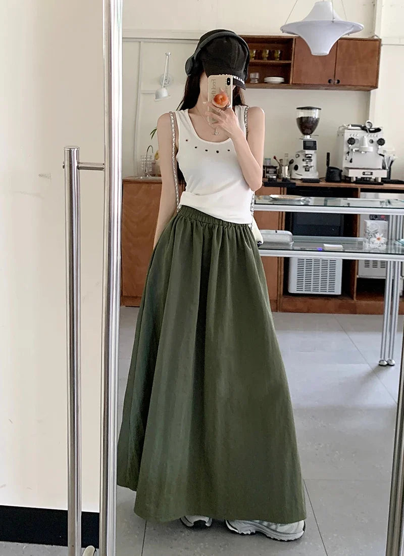 Chic Women Pockets A-Line Long Skirts Ladies Casual Loose Elastic High Waist Midi Skirt 2024 Spring Summer