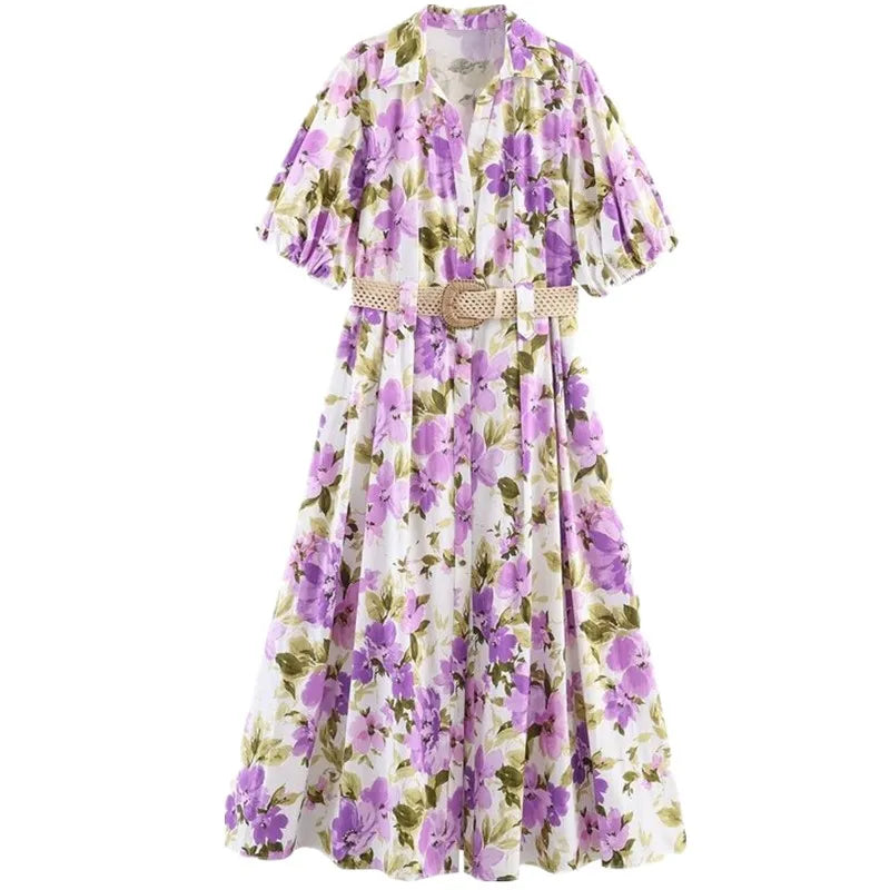 Floral Print Midi Dress with Belt Spring Summer New Style Women's Clothing Commute Style Short Sleeve Turn-down Collar A-line