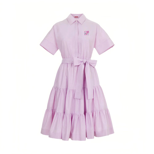CHCH Office Lady Shirt Sundress — Short Sleeve Lace-Up Button A-Line | Casual Elegant | Pink S–XL