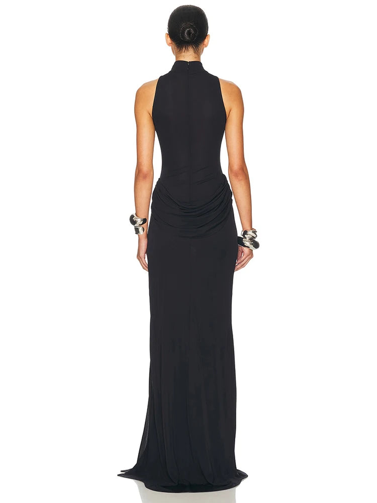 Turtleneck Off-Shoulder Thigh-Split Maxi Dress