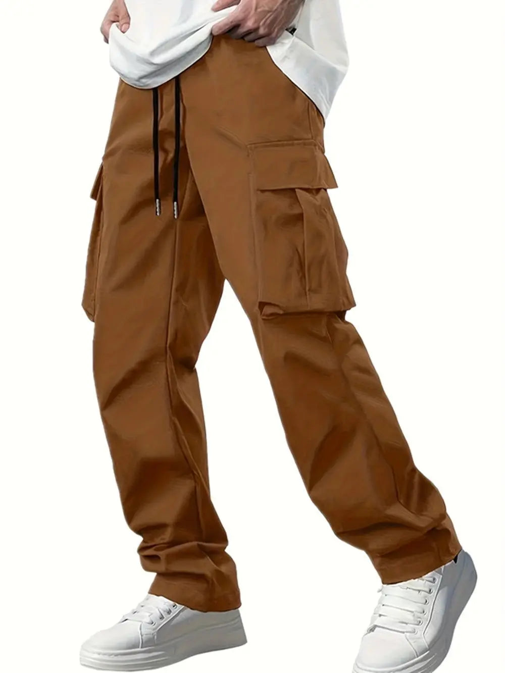Summer New Men's Work Pants Drawstring Multiple Pockets Casual Long Trousers Independent Station Wide Leg Straight Cut Trousers